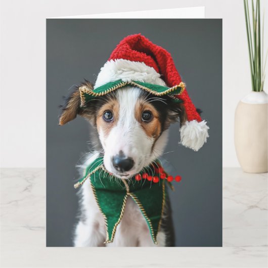 Carte Borzoi Elf Puppy Christmas Card (Devant)