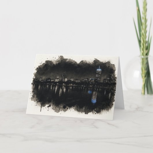 Carte Boston Skyline Watercolor Night Greeting Card (Devant)