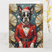 Carte Boston Terrier Art Deco Christmas Tuxedo Hat (Fleur jaune)