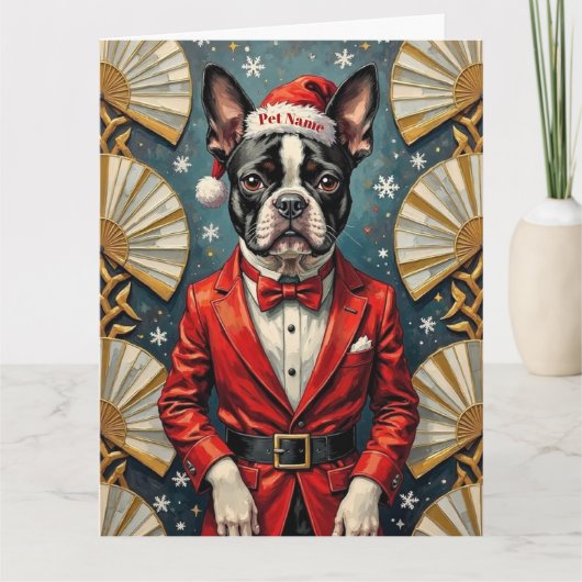 Carte Boston Terrier Art Deco Christmas Tuxedo Hat (Devant)