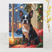 Carte Boston Terrier avec Noël Lumières (Fleur jaune)