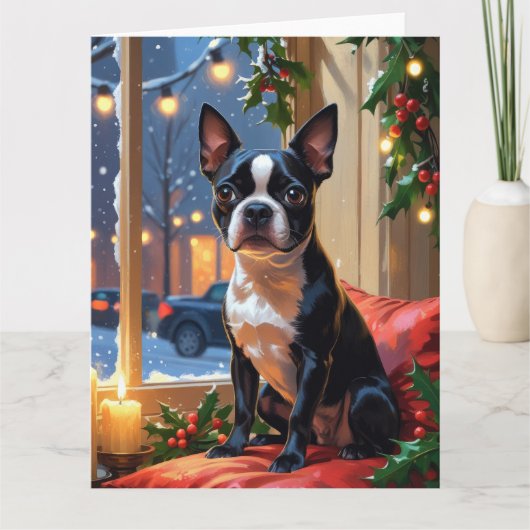 Carte Boston Terrier avec Noël Lumières (Devant)