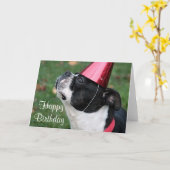 Carte Boston Terrier avec un voeu d'anniversaire (Fleur jaune)