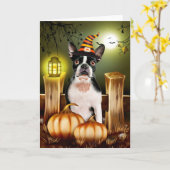 Carte Boston Terrier Chien avec sorcière Casquette Hallo (Fleur jaune)