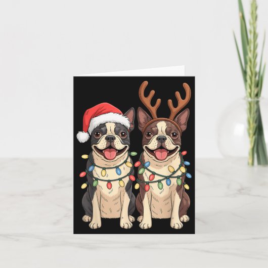 Carte Boston Terrier Christmas Santa Hat Reindeer Lights (Devant)