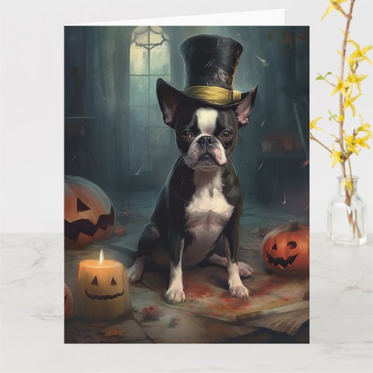 Carte Boston Terrier Citrouille Halloween effroi (Fleur jaune)