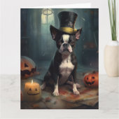 Carte Boston Terrier Citrouille Halloween effroi (Devant)