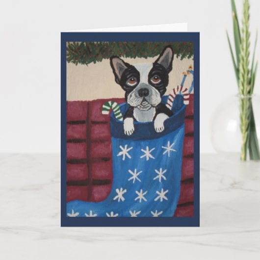 Carte Boston Terrier de Noël dans un bas (Devant)