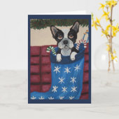 Carte Boston Terrier de Noël dans un bas (Fleur jaune)
