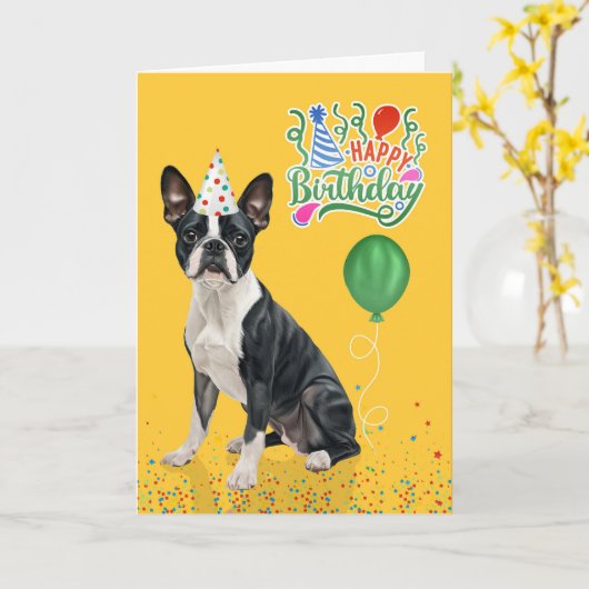 Carte Boston Terrier Dog Party Hat Yellow Birthday (Fleur jaune)
