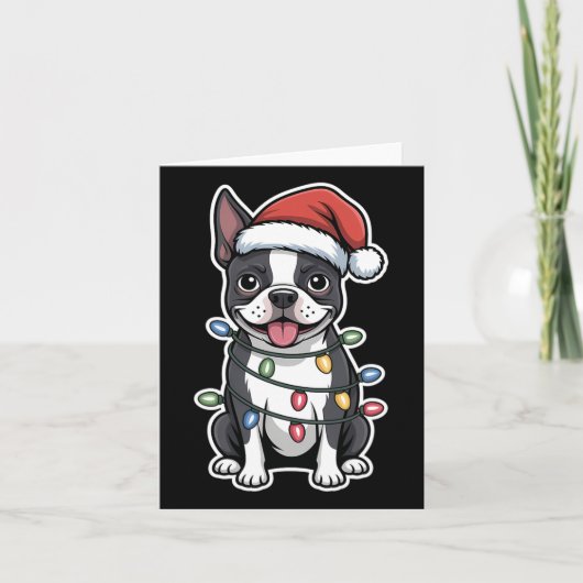 Carte Boston Terrier Enveloppé Dans Les Lumières De Noël (Devant)