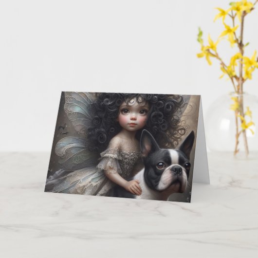 Carte Boston Terrier et Fairy (Fleur jaune)