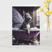 Carte Boston Terrier Fairy dans la baignoire violette (Fleur jaune)