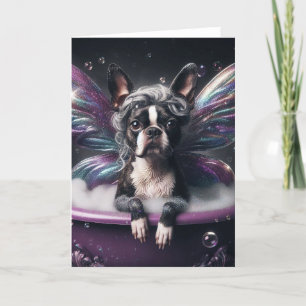 Carte Boston Terrier Fairy dans la baignoire violette