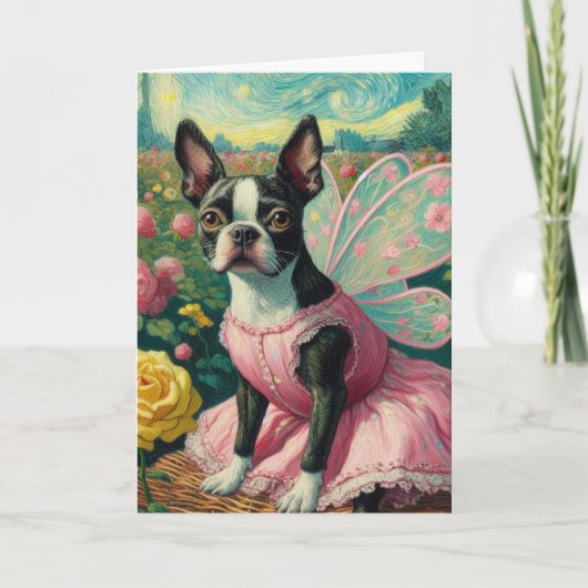 Carte Boston Terrier Fairy in the Rose Garden Van Gogh (Devant)
