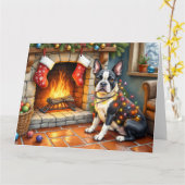 Carte Boston Terrier Fireplace with Christmas Lights (Fleur jaune)