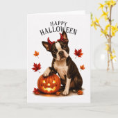 Carte Boston Terrier Halloween Diable Chien (Fleur jaune)