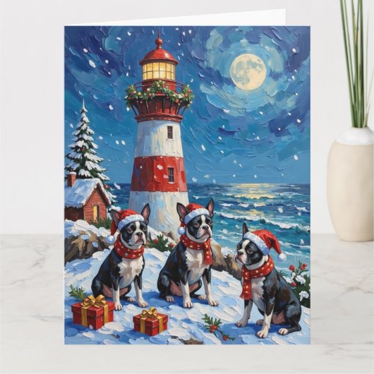 Carte Boston Terrier Noël Phare Vacances (Devant)
