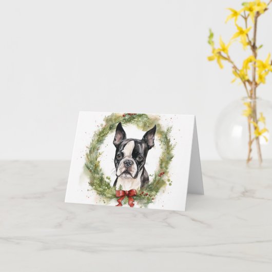 Carte Boston Terrier Noël Wreath Festive Pup (Fleur jaune)