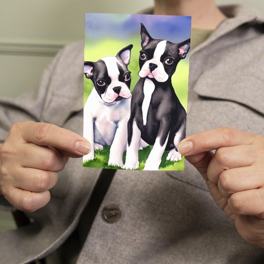 Carte Boston Terrier Puppies Aquarelle Salutation