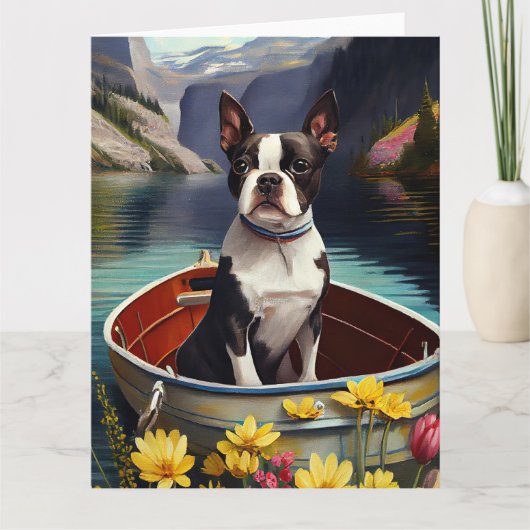 Carte Boston Terrier sur une rame : une aventure Pittore (Devant)