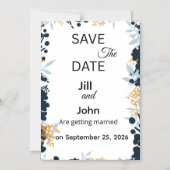 Carte Botanique de Mariage Bleu Or 'Save The Date' (Recto)