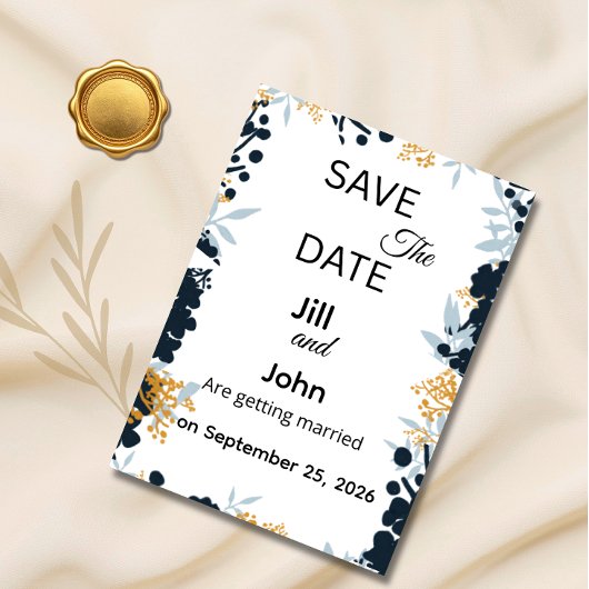 Carte Botanique de Mariage Bleu Or 'Save The Date'