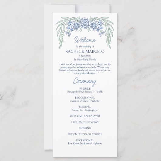 Carte Botanique Floral Dusty Blue Marine Wedding Program (Devant)