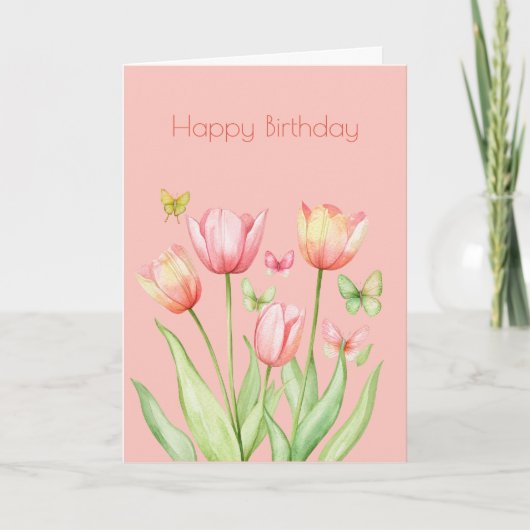 Carte Botanique Tulipe rose Fleur Boho Anniversaire (Devant)