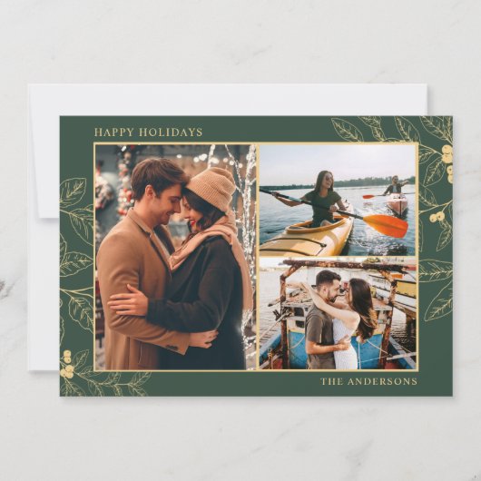 Carte Botanique Vert Or Trois Photo Noël (Devant)