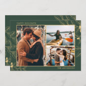 Carte Botanique Vert Or Trois Photo Noël (Devant / Derrière)