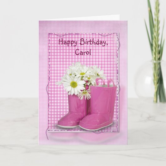 Carte Bottes d'anniversaire rose avec marguerites (Devant)