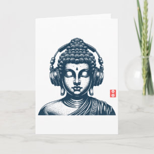 Carte Bouddha portant des écouteurs Vintage Retro Gris ,