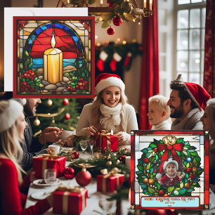 Carte Bougie de Noël dorée Faux vitrail