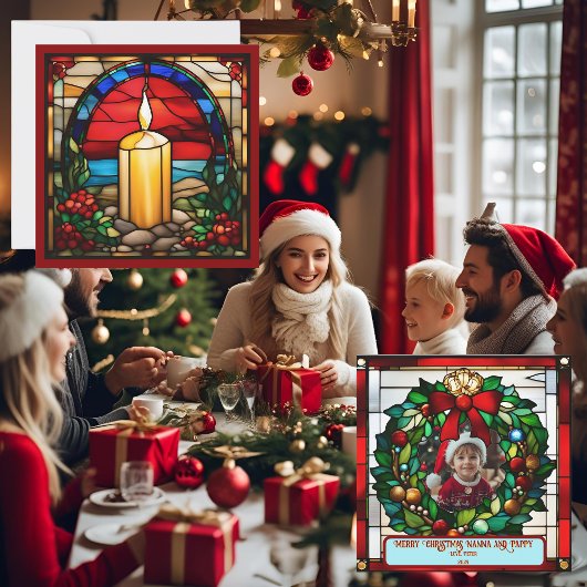 Carte Bougie de Noël dorée Faux vitrail