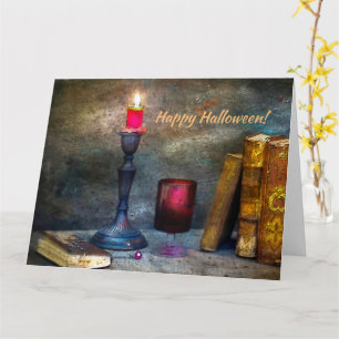 Carte Bougie rouge vintage Joyeux Halloween et vieux liv