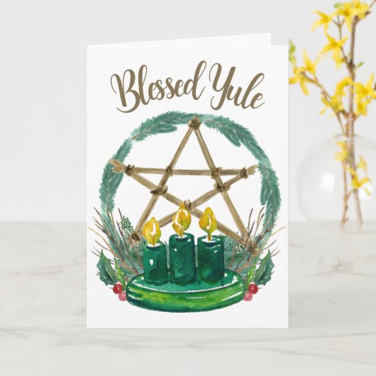 Carte Bougies d'hiver rustiques Holly Joyeux Yule béni (Fleur jaune)
