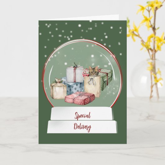 Carte Boule à neige festive avec chat et cadeaux (Fleur jaune)