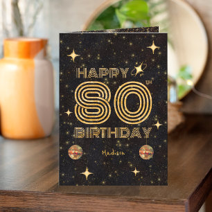 Carte Boule de disco dansante en or noir 80e Joyeux Anni