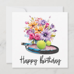 Carte Boule de tennis et raquette avec fleurs pour Anniv