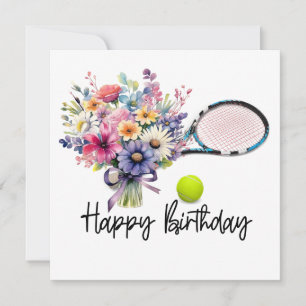 Carte Boule de tennis et raquette avec fleurs pour Anniv