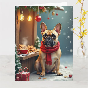Carte Bouledogue français au marché de Noël vintage