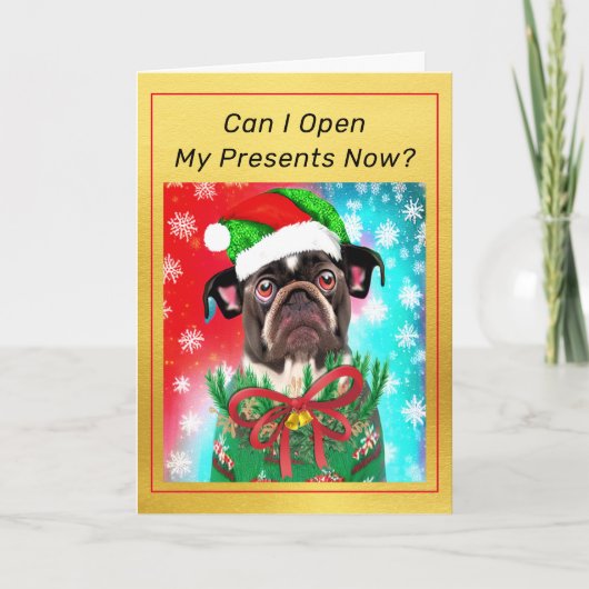Carte Bouledogue français avec chapeau de Père Noël Chie (Devant)