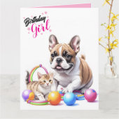 Carte Bouledogue français avec un chat (Fleur jaune)