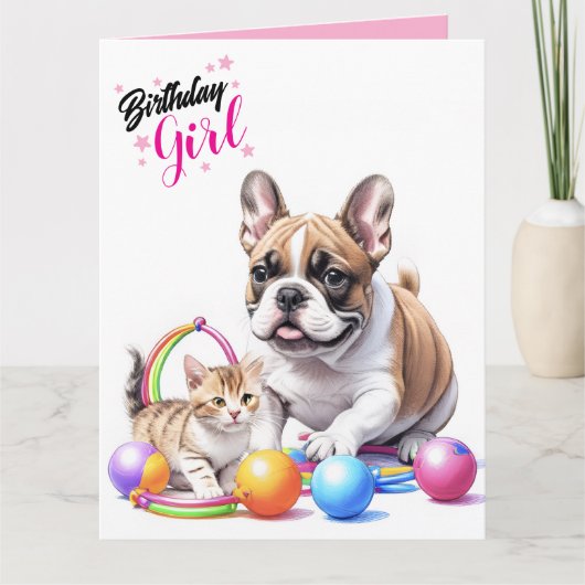 Carte Bouledogue français avec un chat (Devant)