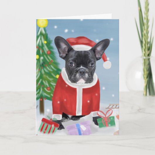 Carte Bouledogue français dans la neige avec des cadeaux (Devant)