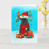 Carte Bouledogue français dans la neige avec des cadeaux (Fleur jaune)