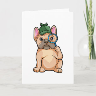 Carte Bouledogue français en détective avec loupe