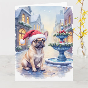 Carte Bouledogue français Fontaine de la ville enneigée 