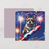 Carte Bouledogue français Nouvel An amusant fusée (Devant / Derrière)